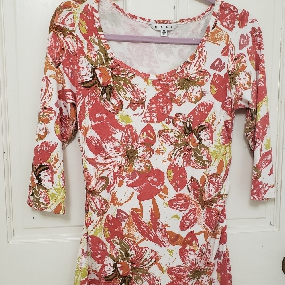 CAbi Pink Floral Round Neck Quarter Sleeves Women's Top Size M